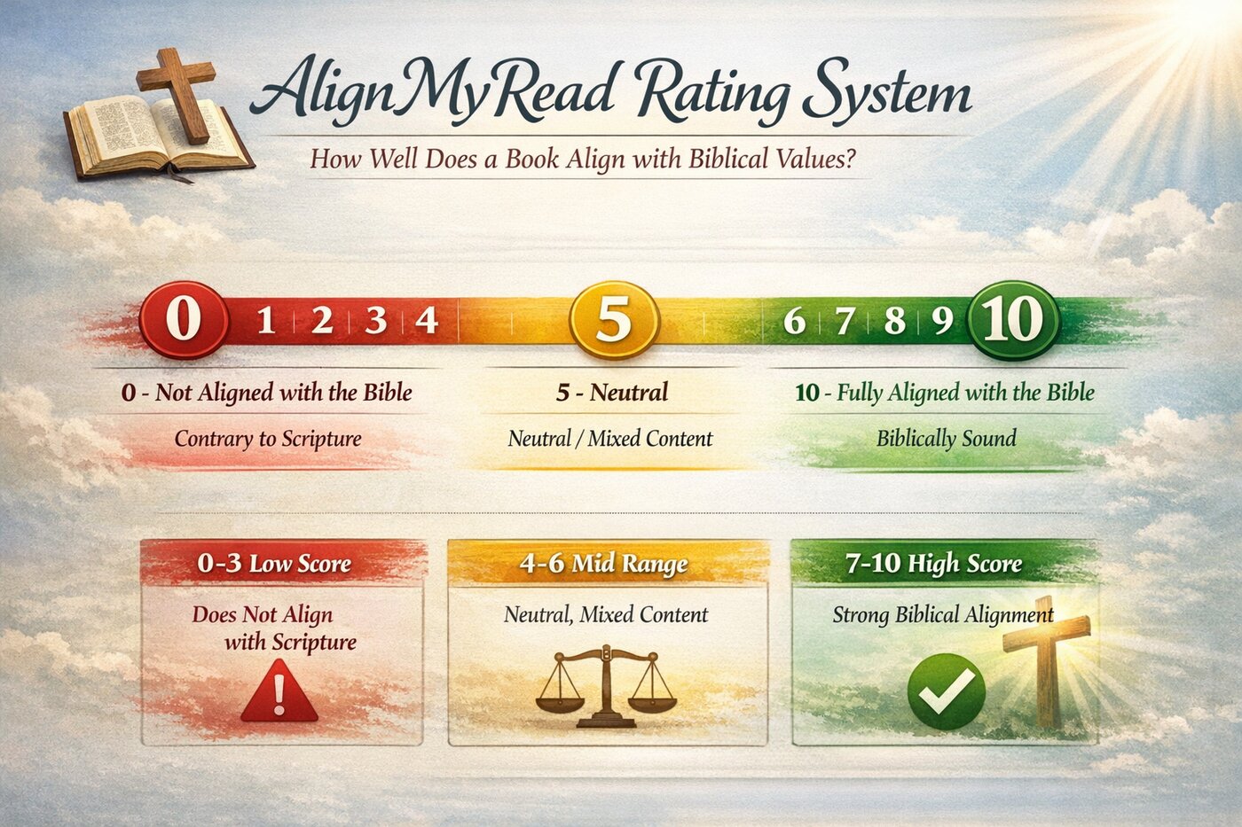 AlignMyRead Rating System - 0 means not aligned with the Bible, 5 is neutral, 10 is fully aligned. Scores 0-3 are low, 4-6 mid range, 7-10 high.